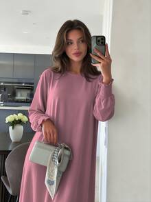 1pc Simple Breathable Skin-Friendly Fabric Back Zipper Elastic Sleeve Design Women's Dress Abaya For Daily Wear - Multicolor - View 12
