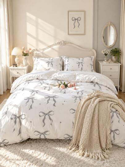 3-Piece Duvet Cover Set (1 Duvet Cover + 2 Pillowcases), Home Bedding, Gray Bowknot Bedding Set, Cozy Indoor Decor, Skin-Friendly Breathable Fabric, Super Soft Anti-Pilling, No Duvet Insert, Machine Washable