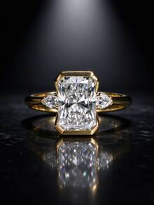 1pc 14K Gold Plated Luxury Rectangular Cut Zirconia Ring For Women, Gold-Rimmed Teardrop With Diamond Engagement Ring, Fashion Jewelry For Party And Wedding - Gold - View 2