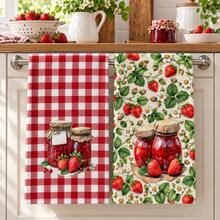 2件裝夏季草莓果醬格紋廚房抹布，適用於廚房、浴室、廁所，節日廚房裝飾、冬季居家裝飾，聖誕禮品套組 - 彩色 - 查看 1