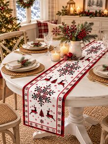 1pc-Christmas Table Runner, Red Plaid Reindeer Snowflake Mini Christmas Tree Pattern Table Runner, Rustic Farmhouse Xmas Holiday Table Decor - Multicolor - View 8