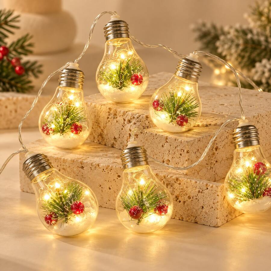 Solar Christmas Fillable Bulb String Lights, Pre-Assembled Mini Xmas Scene With Pine, Red Berries & Snow Inside Vintage Bulbs, Warm LED For Holiday Garland & Bedroom Wall Decor