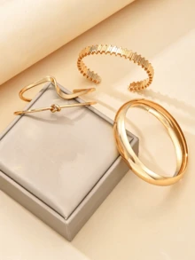 4pcs/Set European And American Cross-Border Wavy Knotted Geometric Round Metal Open Bangle Bracelet Set, Vintage Minimalist Women's Bracelet - Gold - View 3