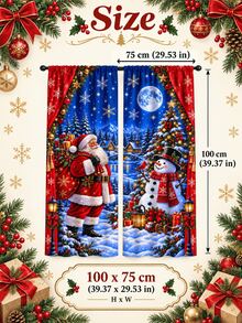 2pcs Christmas Santa & Snowman Window Curtains, Snowy Night Village & Christmas Tree Print Drapes, Holiday Living Room Bedroom Decor, Xmas Window Set - E - View 14