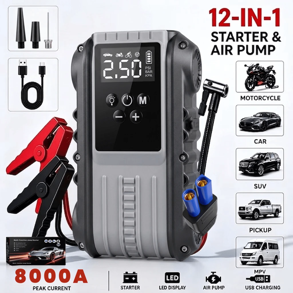 Multifunctional Emergency Jump Starter With 150PSI Air Pump, Digital Tire Inflator, Portable Car Battery Charger,LED Emergency Light & USB Charging, Car Emergency Tool.Suitable As A Holiday Gift. - Multicolor - View 1