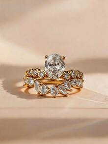 2pcs/Set 18K Gold Plated Luxury Oval Main Stone Ring, Round Side Diamond Ring, Teardrop Stackable Ring Set, Exquisite Holiday Party Gift For Women - Yellow Gold - View 9