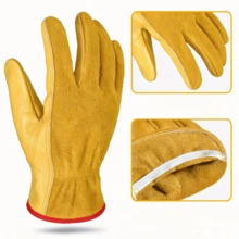 Unisex Cowhide Work Gloves, Wear Resistant, For Welding, Gardening, Woodworking, Construction, Barbecue, Camping - Yellow - View 2