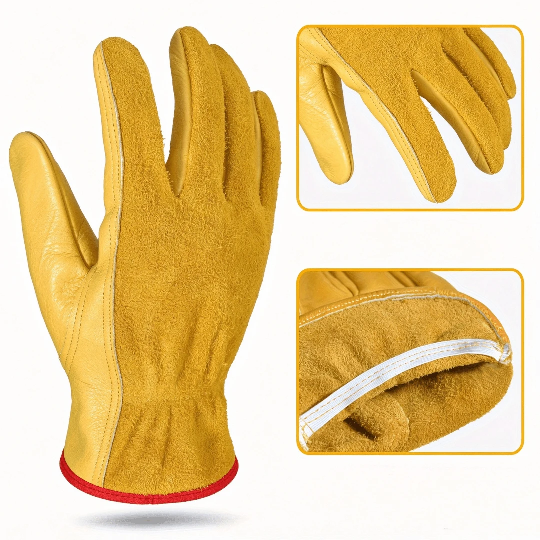Unisex Cowhide Work Gloves, Wear Resistant, For Welding, Gardening, Woodworking, Construction, Barbecue, Camping