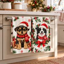 2pcs Christmas Kitchen Towels Watercolor Cute Puppy Snowman Gift Pattern, Suitable For Kitchen Bathroom Restroom Holiday Kitchen Decor, Winter Home Decoration, Christmas Gift Set - Multicolor - View 3