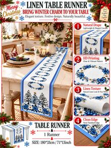 1pc-Christmas Table Runner, Blue White Snowy Christmas Tree Wreath Floral Pattern Table Runner, Winter Xmas New Year Kitchen Table Decoration - Multicolor - View 5