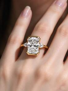1pc 14K Gold Plated Luxury Rectangular Cut Zirconia Ring For Women, Gold-Rimmed Teardrop With Diamond Engagement Ring, Fashion Jewelry For Party And Wedding - Gold - View 3