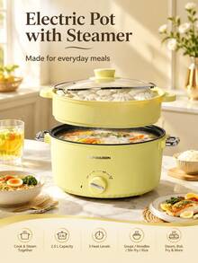 SOKANY Fashionable Large Capacity Electric Hot Pot, 3-Level Power Control, Suitable For Soup/Stir-Fry/Steak/Ramen, Ideal For Kitchen/Dorm/Home Meal Preparation, Perfect Valentine's Day Gift For Families - Yellow - View 3