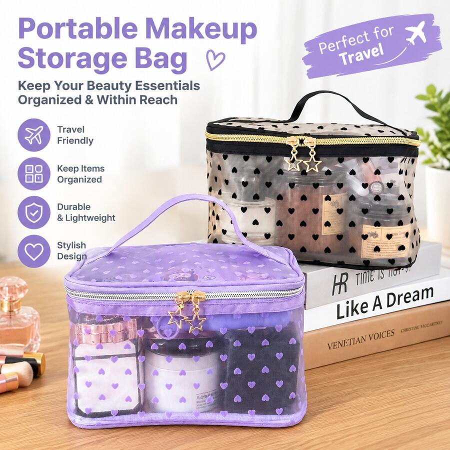 Minimalist Transparent Mesh Heart-Shaped Handheld Storage Bag With Double Zipper Closure For Home And Travel Makeup Organization - Multicolor - View 1