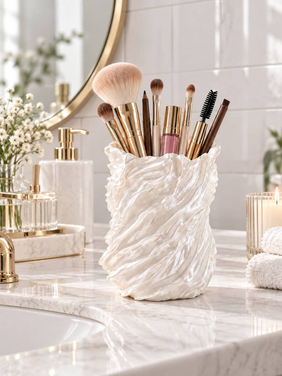1pc Decorative Wavy Makeup Brush Holder With Sculptural Details, Can Store Brushes, Lip Gloss, Pencils, Combs And Skincare Tools, Exquisite Storage Cup, Suitable For Vanity, Bathroom And Beauty Studio | Cosmetic Storage Rack, Brush Holder, Storage - Multiple Styles - View 1
