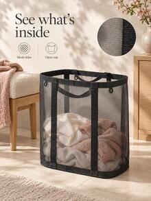 1pc Large Capacity Foldable Breathable Mesh Laundry Basket, Minimalist Home Style Black/Grey Optional Rectangular Double Handle Design Visible Clothing Storage Bin, Suitable For Bedroom, Bathroom, Laundry Room And Dormitory All Season Storage - Multicolor - View 4