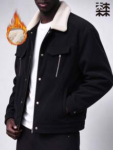 Mulinsen Men Corduroy Jacket,Sherpa Collar Thick Winter Coat, Zip Pocket Button Front Workwear Outerwear - Black - View 1