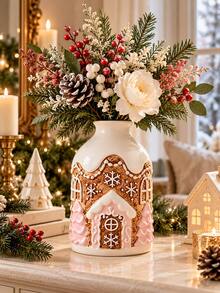 1pc Gingerbread House Christmas Table Decor, Cute Holiday Flower Vase With Snowflake Design, Festive Floral Arrangement Holder For Living Room Dining Table Mantel Shelf & Entryway - New - View 3