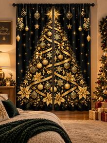 2pcs Black & Gold Christmas Tree Window Curtains, Snowflake & Ornament Print Drapes, Elegant Holiday Living Room Bedroom Decor, Xmas Window Decoration Set - E - View 7