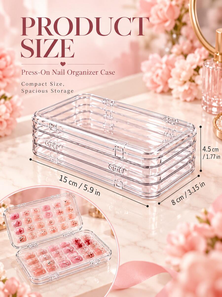 1set Wearable Nail Transparent Tri-Fold Portable Storage Box, Large Capacity Four-Layer Case With 60pcs Film | Transparent Portable False Nail Display Case; Storage For Nail Files, Toenail Dividers, And Manicure Tools - Multicolor - View 1