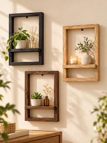 Rustic Floating Wall Shelves, Vintage Wood Look Rectangular Wall Mounted Display Shelf, Space Saving Storage Rack For Plants, Candles, Photos And Decorative Items, Farmhouse Living Room Bedroom Wall Decor, Home Essentials, Autumn Winter Decor - Multicolor - View 2