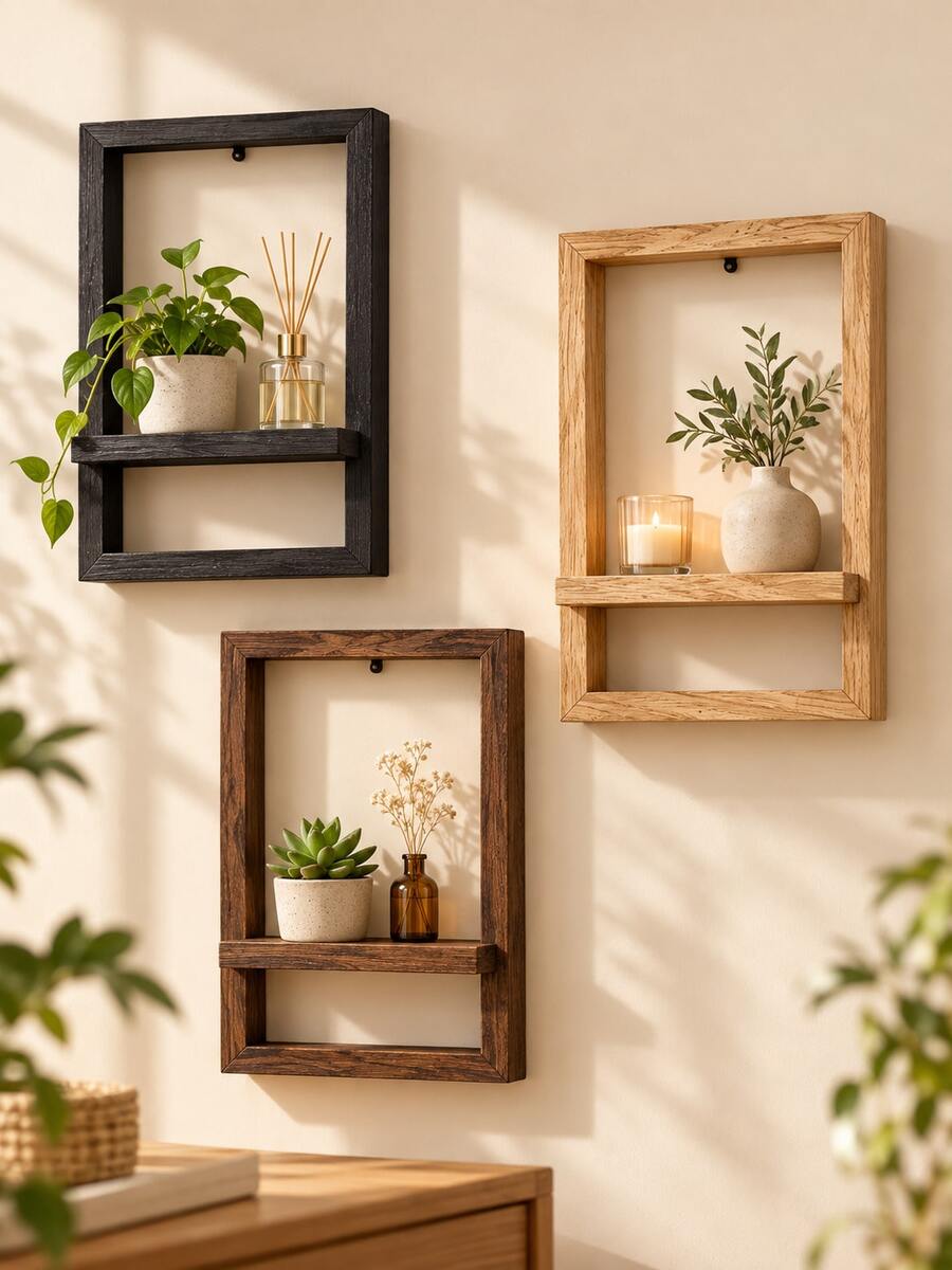 Rustic Floating Wall Shelves, Vintage Wood Look Rectangular Wall Mounted Display Shelf, Space Saving Storage Rack For Plants, Candles, Photos And Decorative Items, Farmhouse Living Room Bedroom Wall Decor, Home Essentials, Autumn Winter Decor