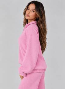 Never me Women's Fleece Sports Sweatshirt With Turn-Down Collar, Half-Zip, Dropped Shoulder, Loose Fit, Pullover, Long Sleeve, Yoga And Commute Top - Pink - View 3