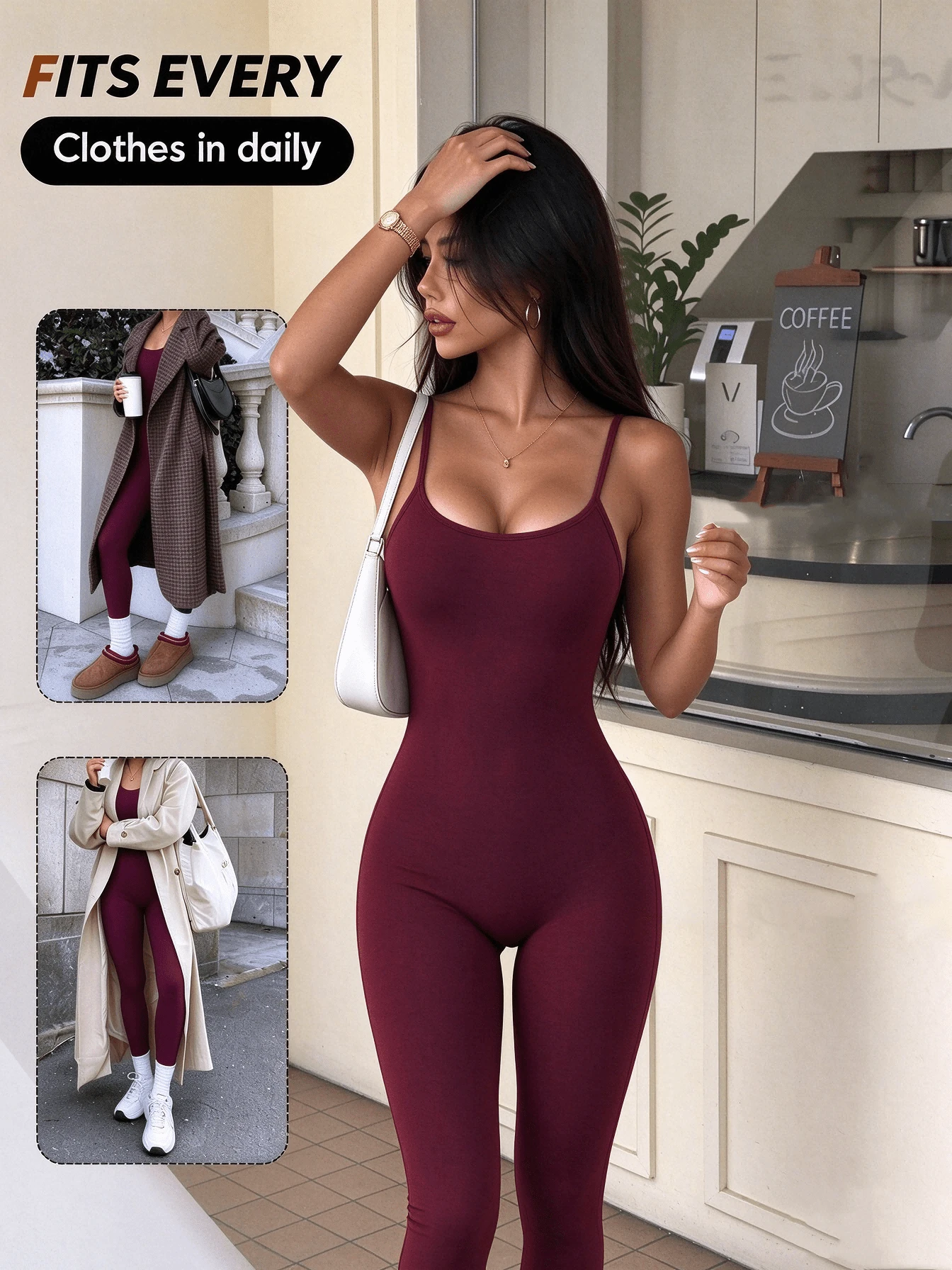 Spring/Summer New Women's Sexy Hot Girl Style Spaghetti Strap Fitted Fashion Solid Color Long Jumpsuit - Burgundy - View 1