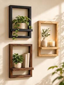 Rustic Floating Wall Shelves, Vintage Wood Look Rectangular Wall Mounted Display Shelf, Space Saving Storage Rack For Plants, Candles, Photos And Decorative Items, Farmhouse Living Room Bedroom Wall Decor, Home Essentials, Autumn Winter Decor - Multicolor - View 11