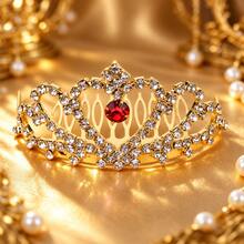 Gold-Tone Rhinestone Red Heart Hair Comb Crown, Versatile Alloy Hair Accessory For Bridal Gown - Gold - View 2