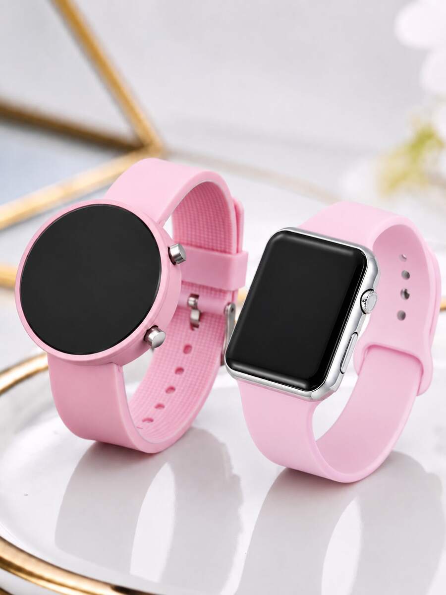 2 Buah Jam Tangan Digital LED dengan Tali Silikon Warna Pink, Gaya Minimalis, Layar Hitam, Dekorasi Tombol Perak, Jam Tangan Kasual Serbaguna, Cocok untuk Pemakaian Sehari-hari, Olahraga, dan Santai