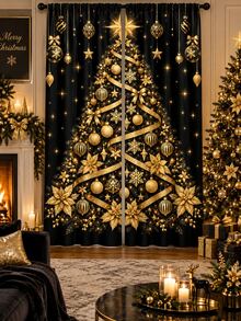 2pcs Black & Gold Christmas Tree Window Curtains, Snowflake & Ornament Print Drapes, Elegant Holiday Living Room Bedroom Decor, Xmas Window Decoration Set - E - View 1