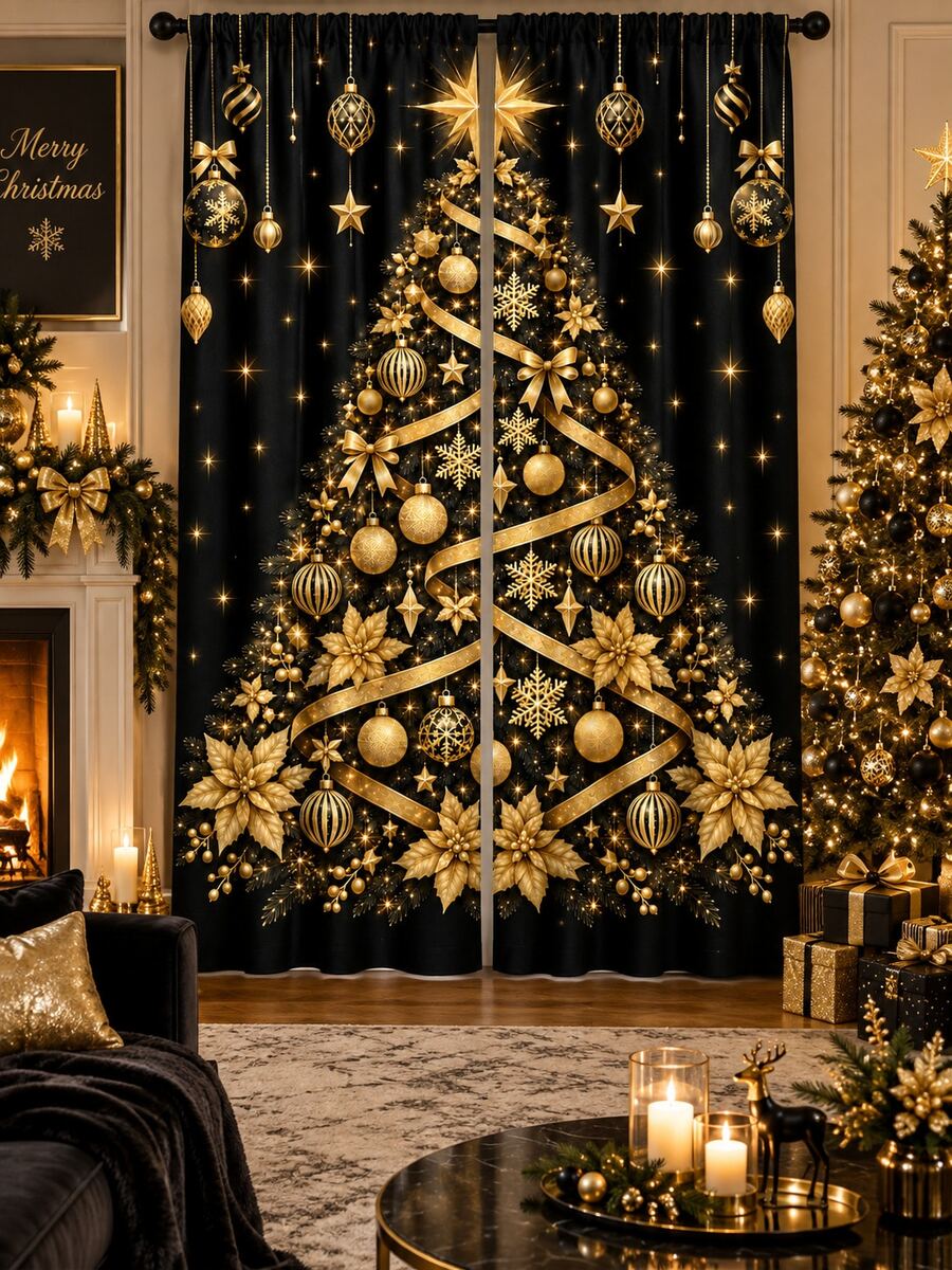 2pcs Black & Gold Christmas Tree Window Curtains, Snowflake & Ornament Print Drapes, Elegant Holiday Living Room Bedroom Decor, Xmas Window Decoration Set - E - View 1