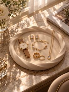 Set 3 Buah Baki Perhiasan Bulat Modern, Warna Krem, Pinggiran Berpilin, Untuk Meja Rias dan Pengorganisasian Ruang Rumah untuk Cincin, Anting, Gelang, Kalung, Baki Penyimpanan Dekoratif Elegan, Penyimpanan Aksesori Harian, Baki Perhiasan, Penyimpanan Meja Rias, Hadiah untuk Wanita - MultiWarna - View 1