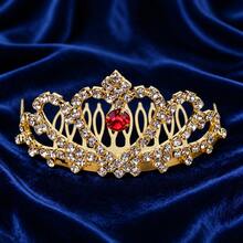 Gold-Tone Rhinestone Red Heart Hair Comb Crown, Versatile Alloy Hair Accessory For Bridal Gown - Gold - View 1