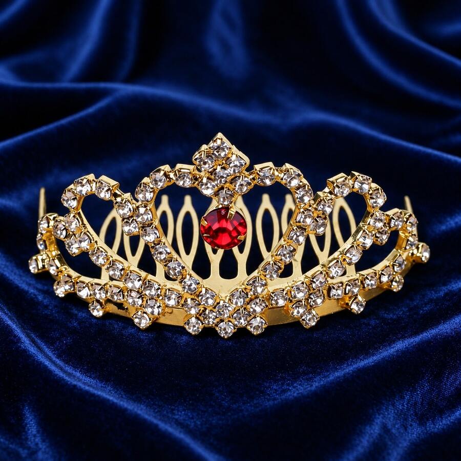 Gold-Tone Rhinestone Red Heart Hair Comb Crown, Versatile Alloy Hair Accessory For Bridal Gown - Gold - View 1