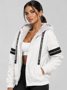 Women White Hooded Zip Up Fleece Lined Letter Tape Jacket - White - View 7