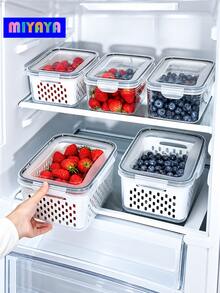 6pcs Refrigerator Food Storage Container Set With Drain Basket And Lid, Airtight Fresh-Keeping Vegetable And Fruit Box, Suitable For Fruits, Vegetables And Berries, Stackable Fridge Organizer, Kitchen Storage - View 11