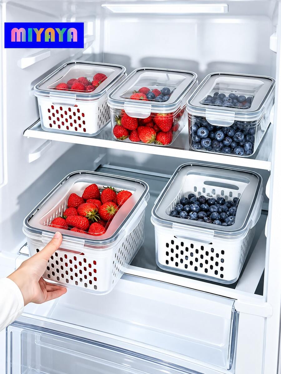 6pcs Refrigerator Food Storage Container Set With Drain Basket And Lid, Airtight Fresh-Keeping Vegetable And Fruit Box, Suitable For Fruits, Vegetables And Berries, Stackable Fridge Organizer, Kitchen Storage