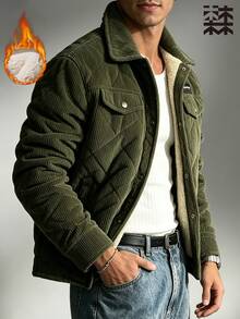 Mulinsen Men's Corduroy Jacket With Lamb Fleece Lining, Winter Diamond Quilted Lapel Single-Breasted Warm Workwear Coat - Army Green - View 3