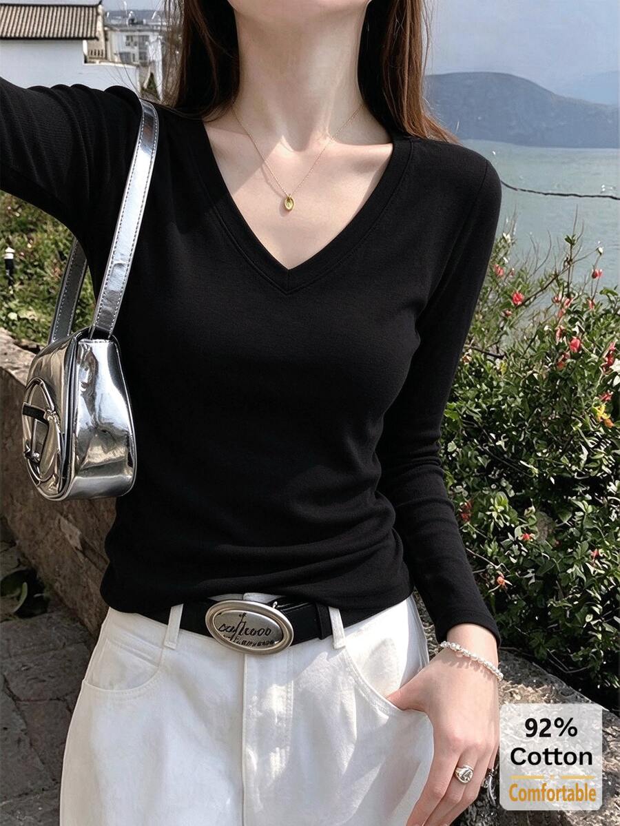 Women's Black V-Neck Long Sleeve T-Shirt, Autumn/Winter Inner Layer Base Top, Slim Fit Flattering Solid Color Commute Top - Black - View 1