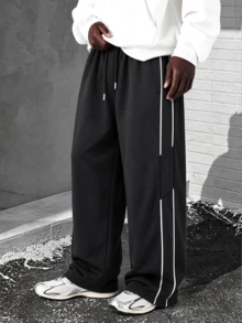 Men's Loose Thermal Lined Wide Leg Sweatpants, Casual Commuter Versatile Sports Long Pants, Autumn/Winter - Black - View 1