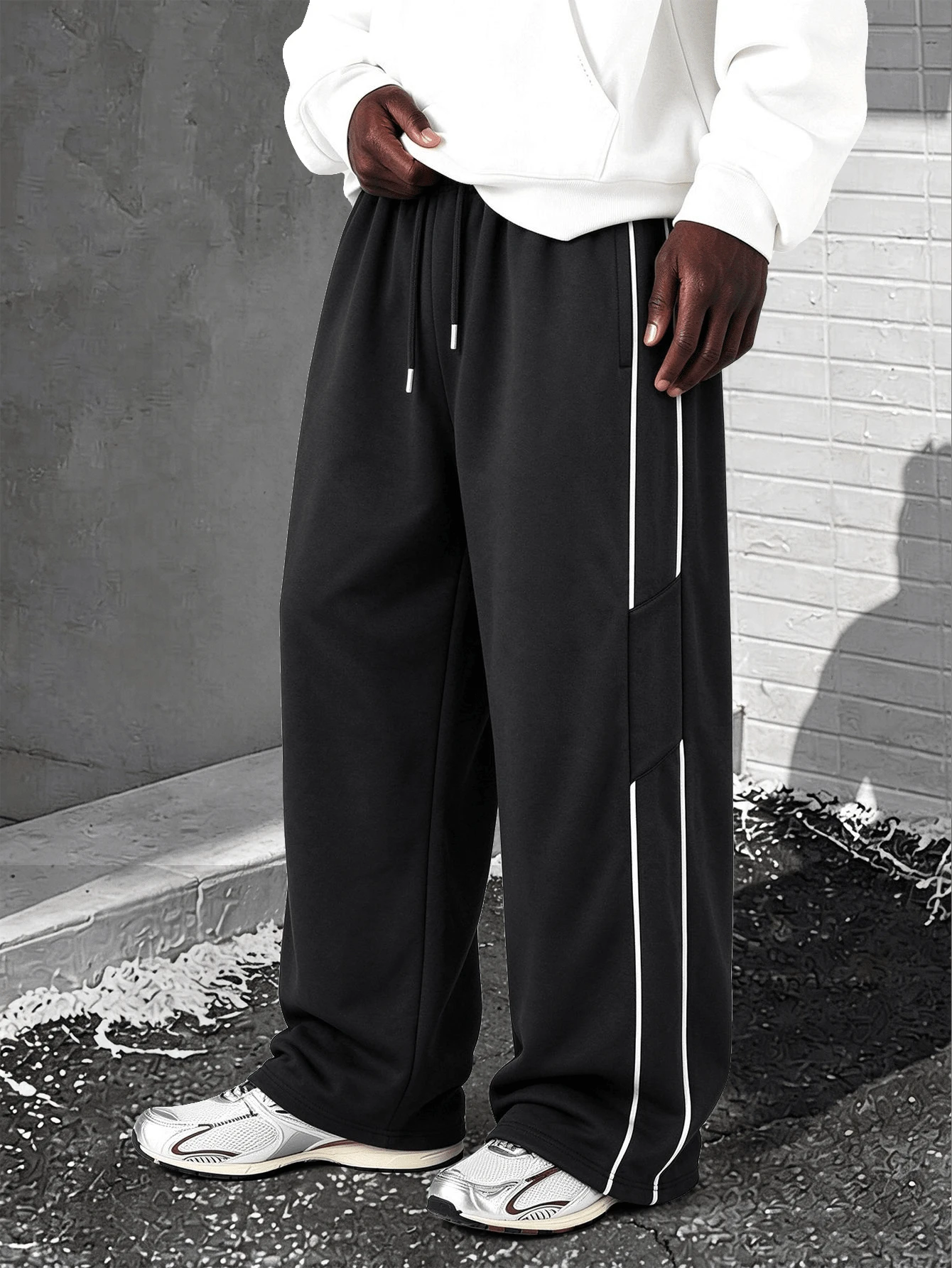Men's Loose Thermal Lined Wide Leg Sweatpants, Casual Commuter Versatile Sports Long Pants, Autumn/Winter - Black - View 1