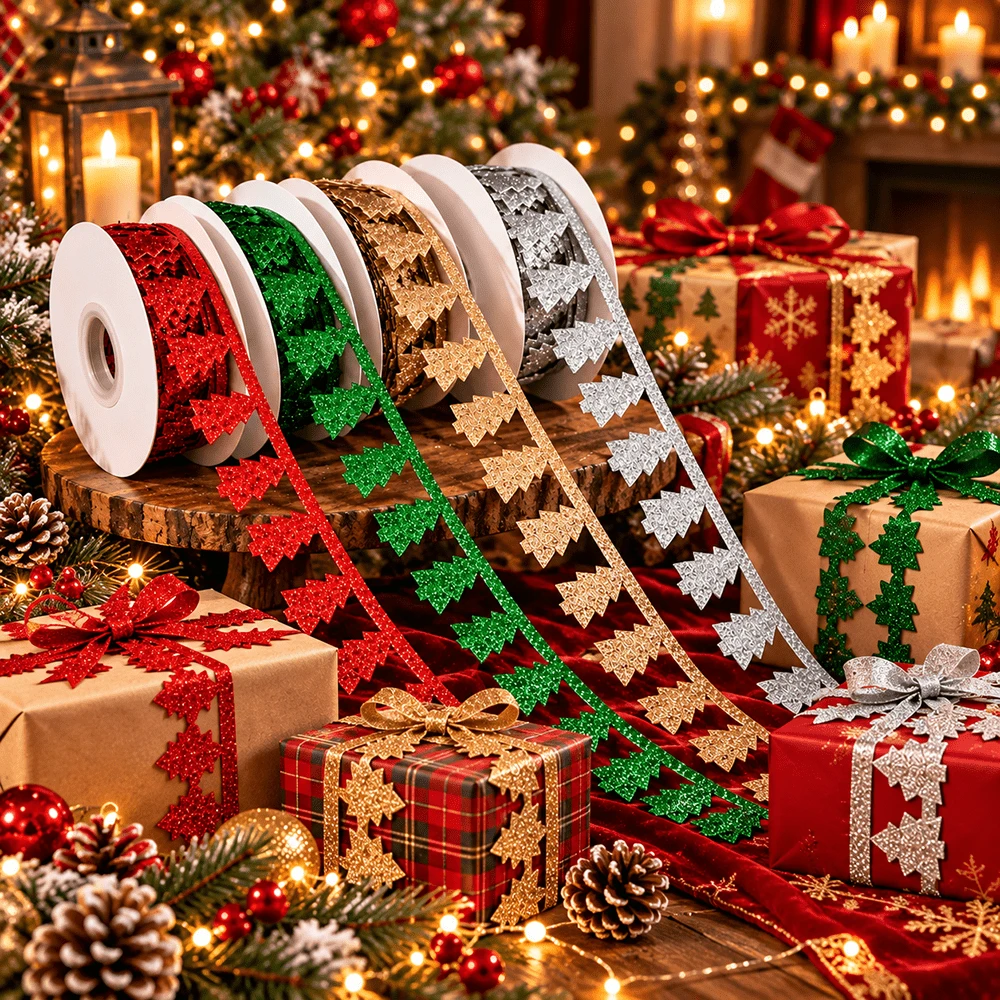 1 Roll 3cm Wide 5 Yards Long Christmas Glitter Hollow Ribbon, Christmas Tree Pattern, Suitable For Christmas Decoration, Christmas Tree, Wreath, Window, Stair, Fireplace And Christmas Window Display Decoration - Multicolor - View 1