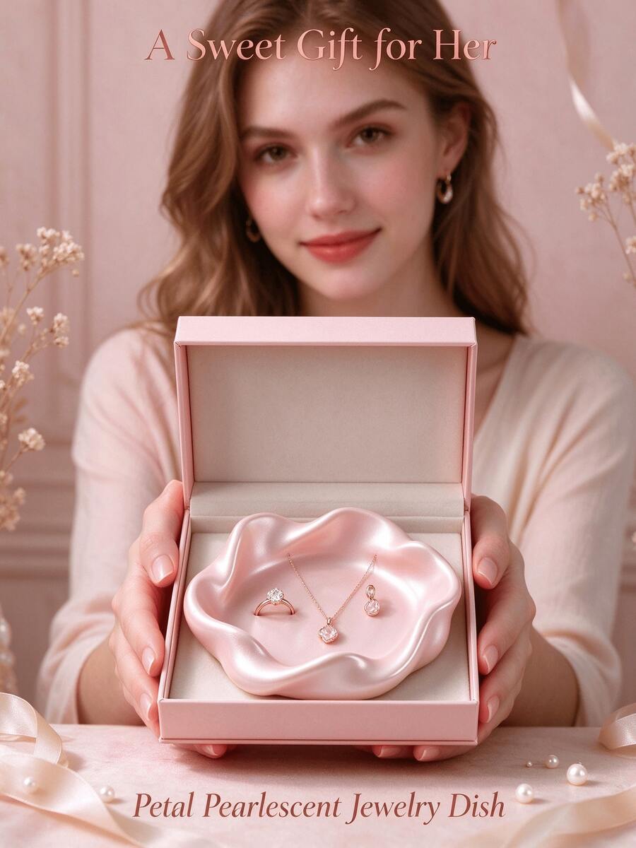Petal‑Shaped Ceramic Jewelry Dish, Pearlescent Vanity Catchall Tray For Small Accessories, Decorative Storage Organizer For Dresser Bedroom Countertop - Multicolor - View 1