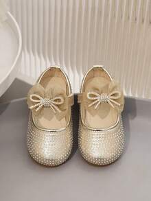 Girls Toddler Rhinestone Bow Mary Jane Flats, Mesh Hook & Loop Soft Sole Princess Dress Shoes For Party Wedding - Gold - View 7