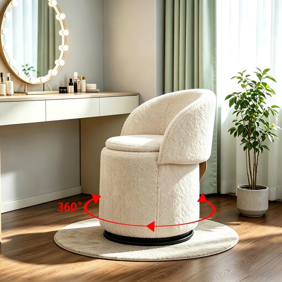 QIAN&S 4 In 1 Chenille Padded Accent Chair, 360° Rotatable Mechanical Base, Multi Functional As Backrest Chair, Footstool, Storage Stool And Side Table, Perfect For Bedroom, Living Room, Study, Study Nook And Dressing Room - White - View 1