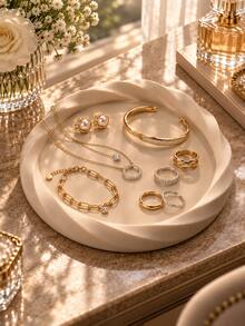 3pcs Cream Twisted Edge Jewelry Tray Set, For Rings, Earrings, Necklaces, Bracelets And Accessories Storage, Suitable For Vanity, Dresser, Bedroom Countertop, Elegant Minimalist Home Decor Storage Box, Women's Jewelry Tray Ring Holder Vanity Decor Home Gift - Multicolor - View 8