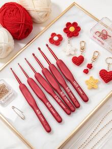 ProCraft Red Soft Handle Metal Crochet Hooks 4pcs Set, With 2 Stitch Markers, 1 Knitting Needle, All-Season DIY Crochet Tools, Suitable For Sweaters, Dolls, Shawls, Ornaments - Red Soft-handled Crochet Hook Set - View 1