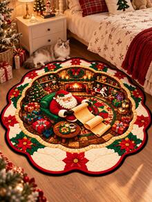 Vintage Christmas Santa Claus Wavy Edge Area Rug, Cozy Fireplace Red And Christmas Tree Print Soft Low Pile Carpet, Holiday Rug Suitable For Bedroom, Entryway, Living Room And Winter Home Decor - A - View 3