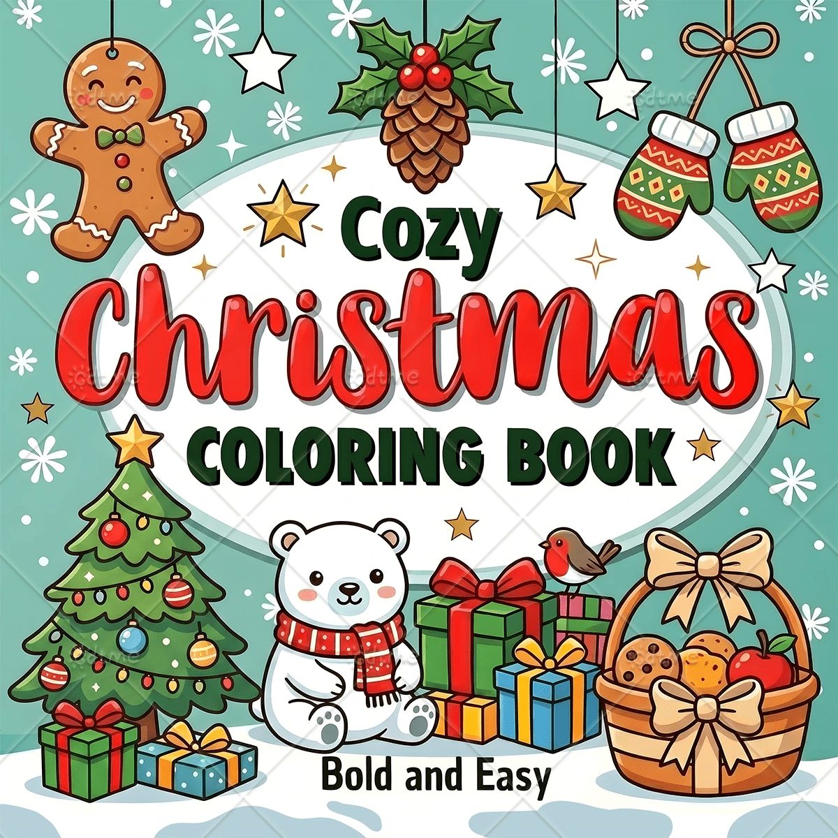 1pc Cozy Christmas Coloring Book, Bold And Easy Large Print Illustrations, Cute Gingerbread Man Polar Bear Xmas Tree Gift Scenes, Relaxing Coloring Pages, Fun Holiday Activity Book, Christmas Gift For Kids Teens & Beginners
